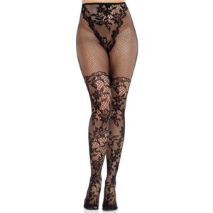 LEG AVENUE - MEIA-CALÇA DE RENDA DÁLIA COM DETALHE DE REDE PRETA