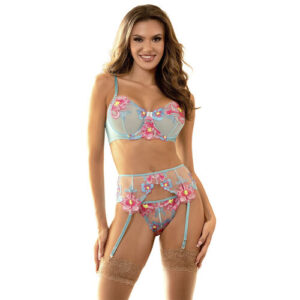 SUBBLIME - CONJUNTO DE SUTIÃ E CALCINHA COM BORDADO DE FLORES AZUL CLARO L/XL
